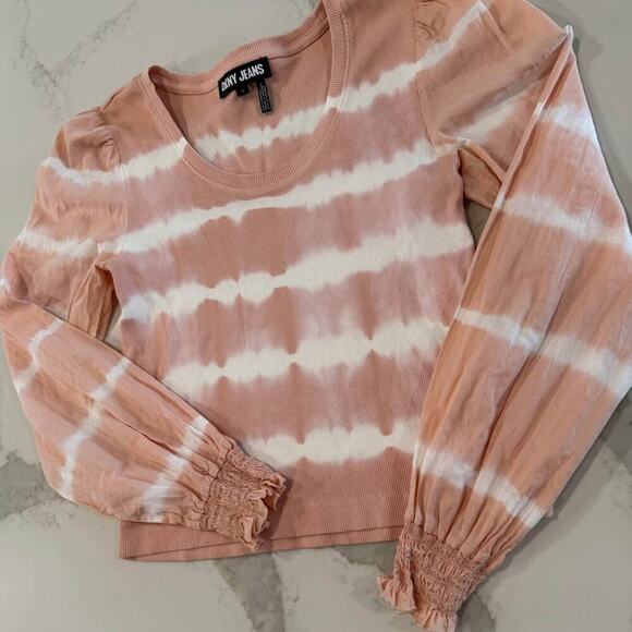 DKNY Long Sleeve Pink Tie-Dye Ribbed Top Women's Small Scoop Neck Smocked Cuffs - Picture 2 of 7